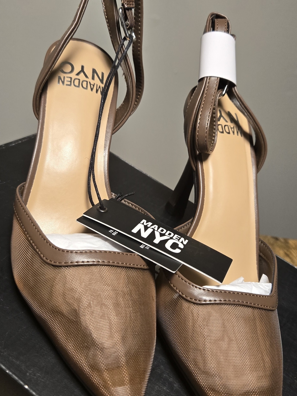 Madden NYC Women's Tan Pointed-Toe Ankle-Strap Heels